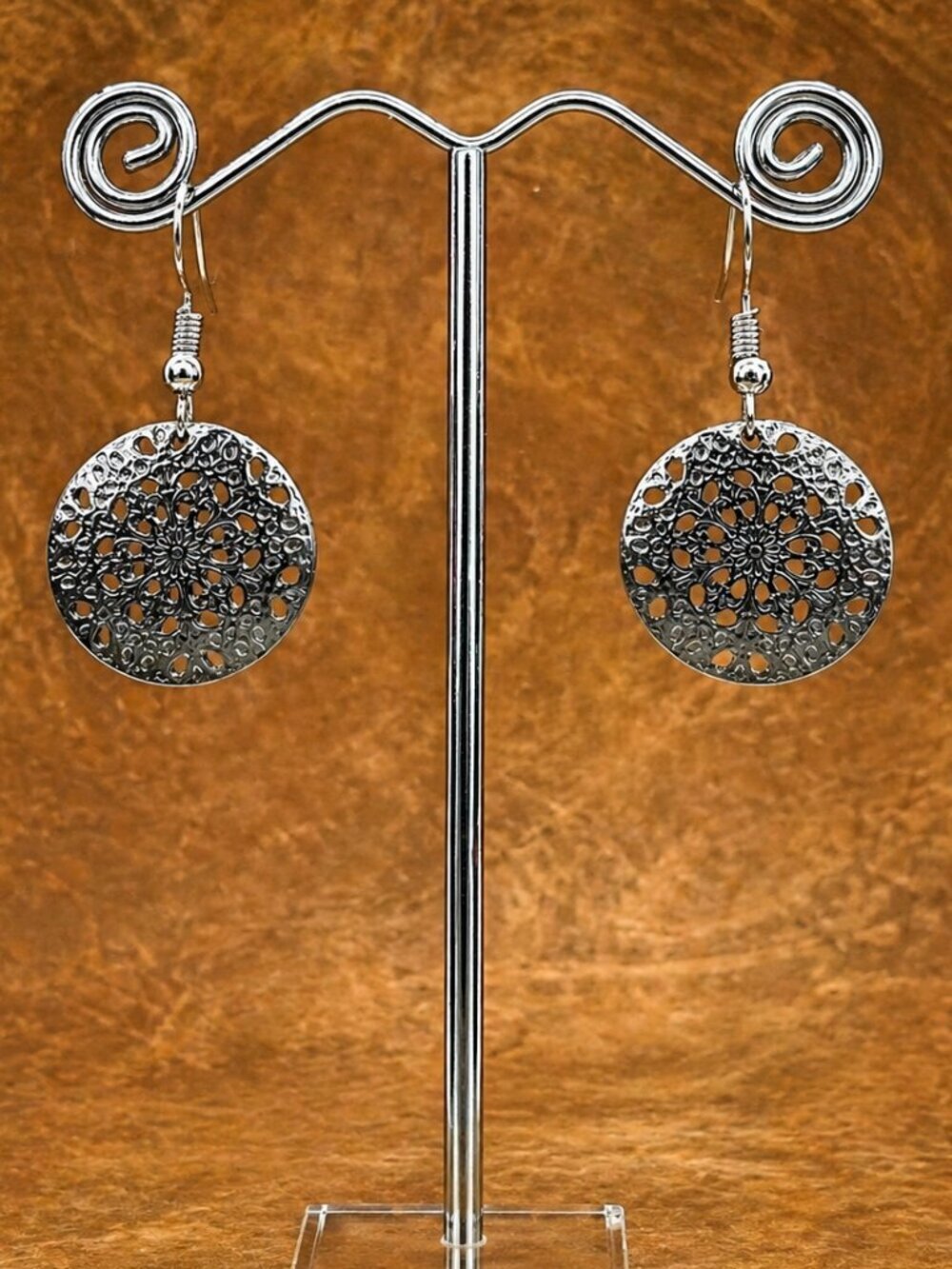 Gunmetal Flower Cutout Drop Earrings - Picture 4 of 6